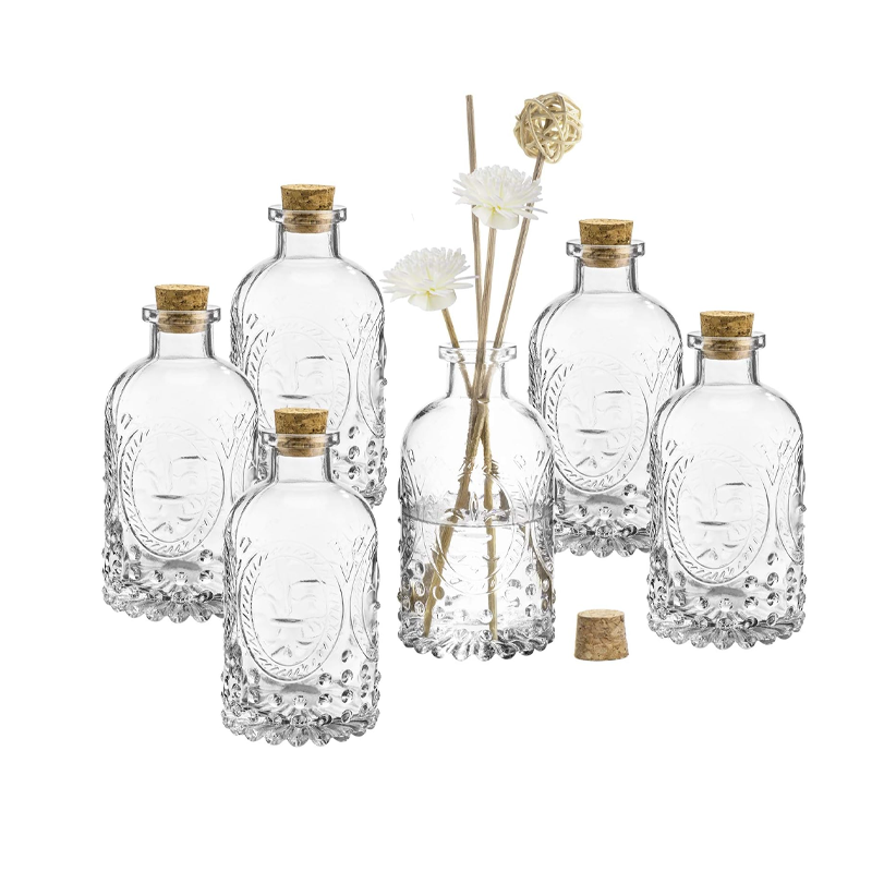 Vintage Design Embossed Transparent Diffuser Bottles with Cork Stopper Lids, 6-piece set