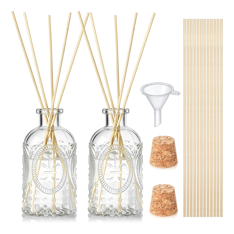 2-Piece Set Glass Reed Diffuser Bottles, Vintage Design Embossed Floral Transparent Diffuser Bottles with 50 Reeds