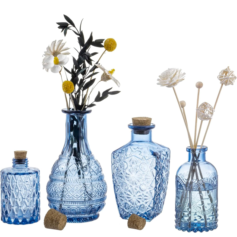Reed Diffuser Bottles - Vintage Embossed with Cork Stopper Lids - 4-Piece Set