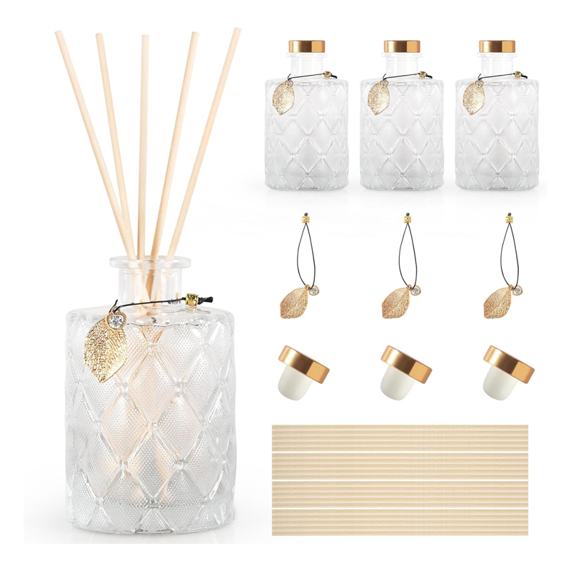 Household Glass Diffuser Bottles, includes 20 diffuser reeds, with cork stopper lids, 3-piece set