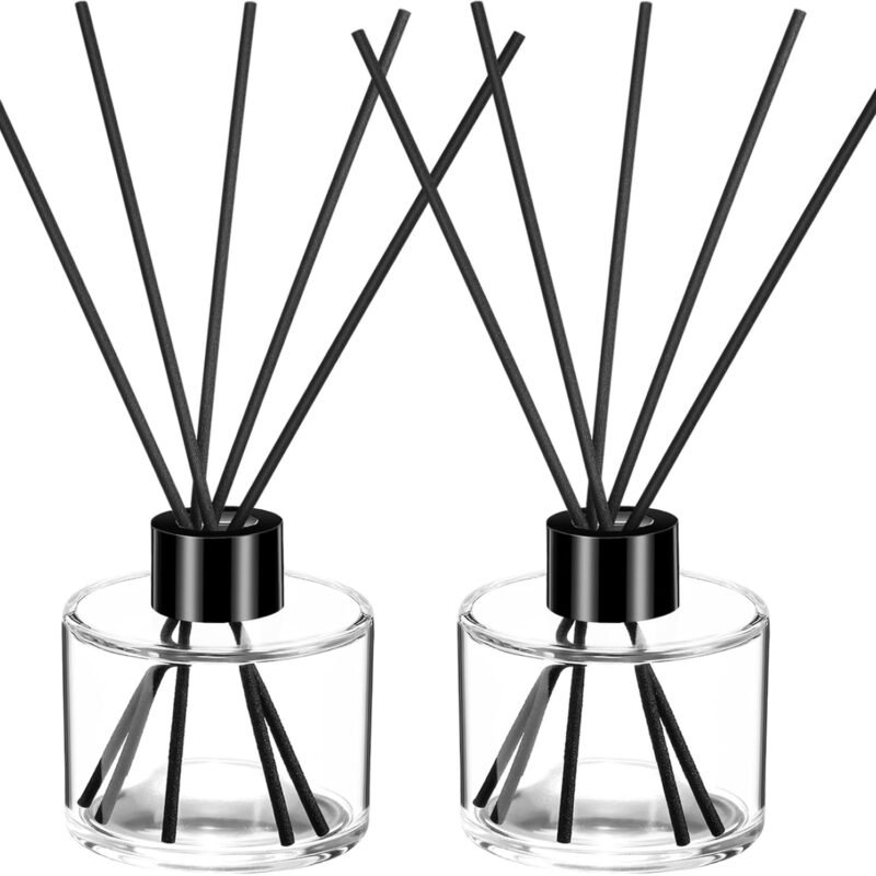 2 Sets of Diffuser Bottles, Refillable Glass Diffuser Bottles with Black Lids and Reeds