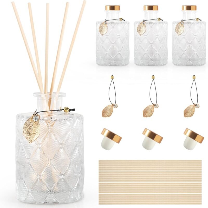 Household Glass Diffuser Bottles, includes 20 diffuser reeds, with cork stopper lids, 3-piece set