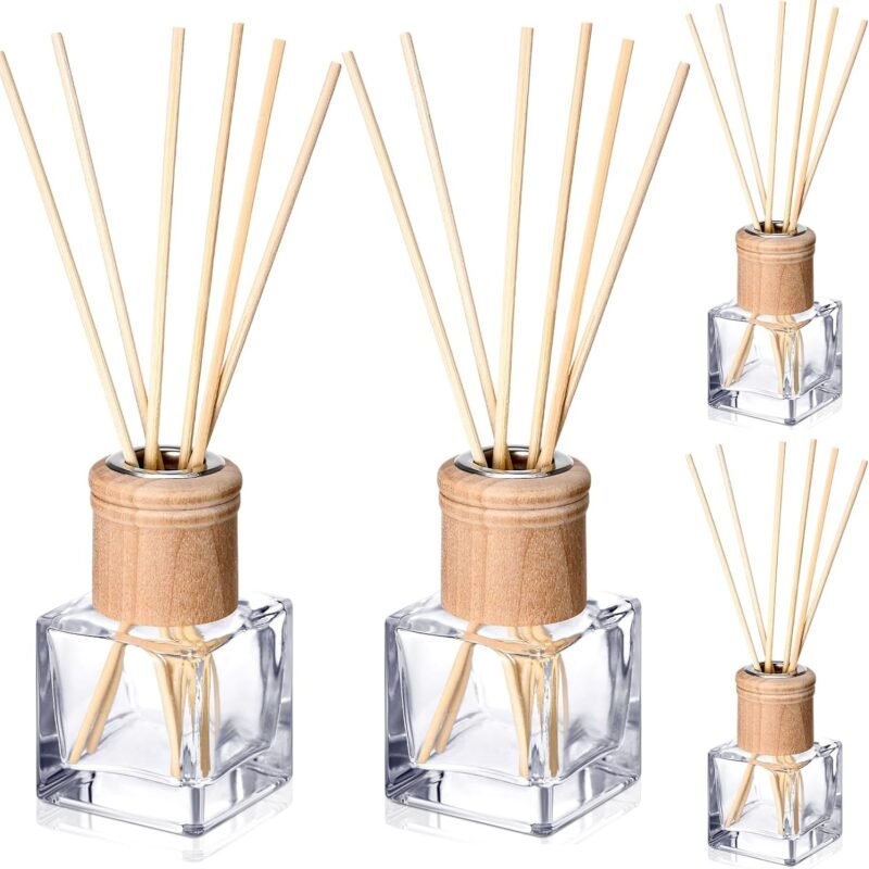 4-Piece Set Diffuser Bottles, Empty Refillable Glass Diffuser Bottles with Wooden Lids and Reeds, 50ml